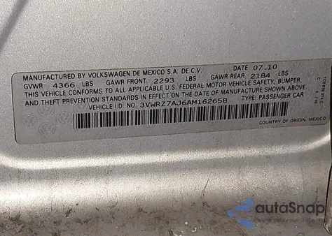 2010 Volkswagen Jetta Limited Edition z USA, uszkodzony, nr VIN 3VWRZ7AJ6AM162658